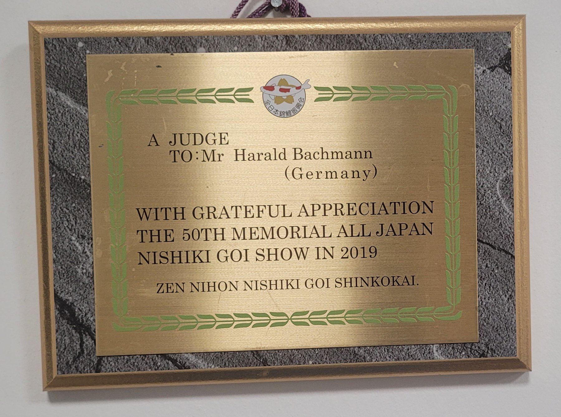 Ehrentafel: A Judge to Mr Harald Bachmann (Germany), The 50th Memorial All Japan Nishiki Goi Show in 2019, Zen Nihon Nishiki Goi Shinkokai